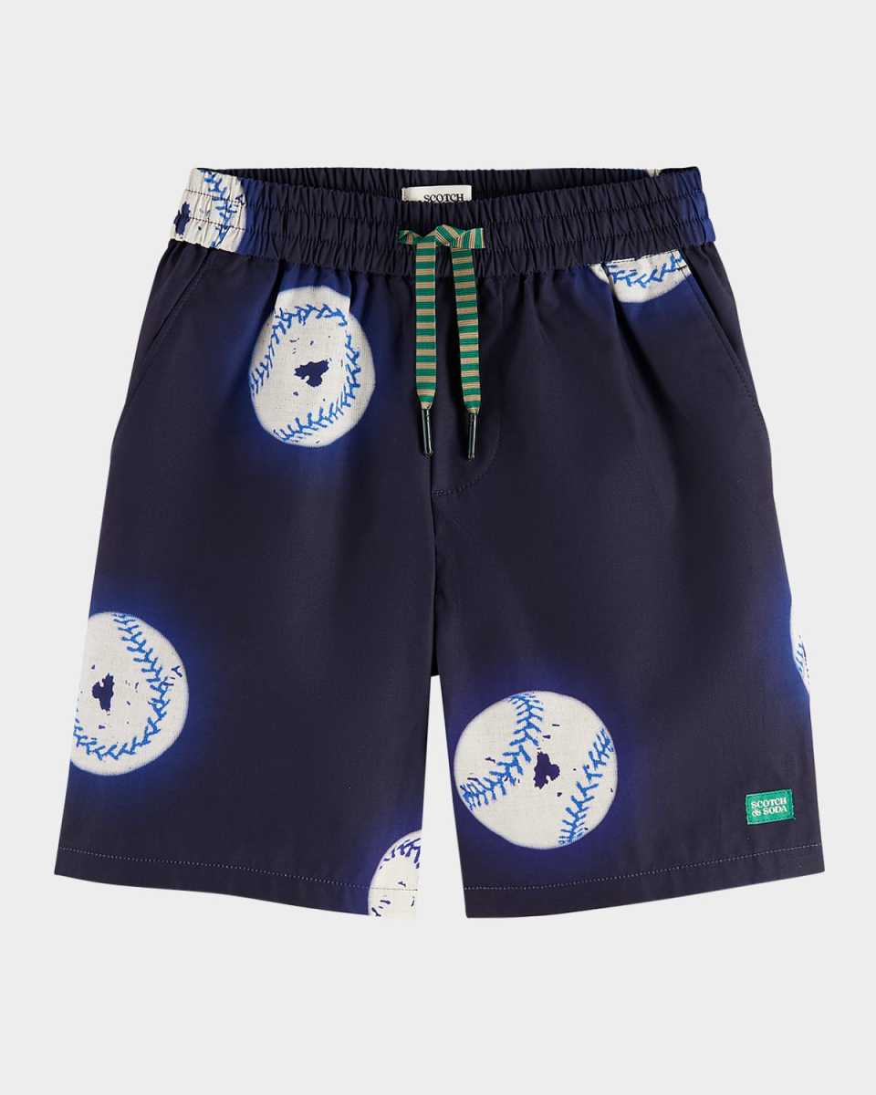 Boy's Baseball-Print Swim Shorts, Size 4-12